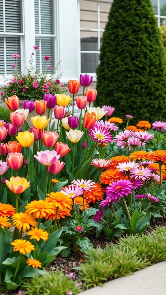 A vibrant side yard filled with colorful seasonal flowers including tulips and daisies.