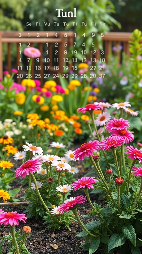 Colorful cut flower garden with pink and white daisies and other seasonal blooms