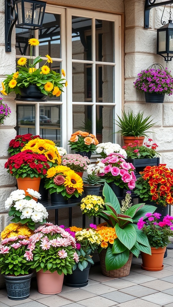 Vibrant balcony garden filled with colorful flowers in pots and hanging baskets.