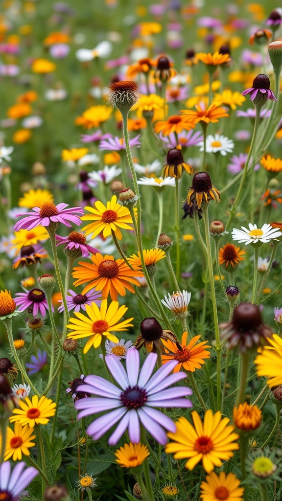 A colorful display of various wildflowers including purple, orange, and yellow blooms.