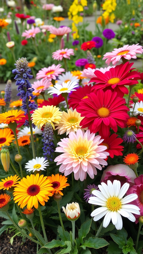 A colorful garden filled with various seasonal flowers including daisies, sunflowers, and tulips.