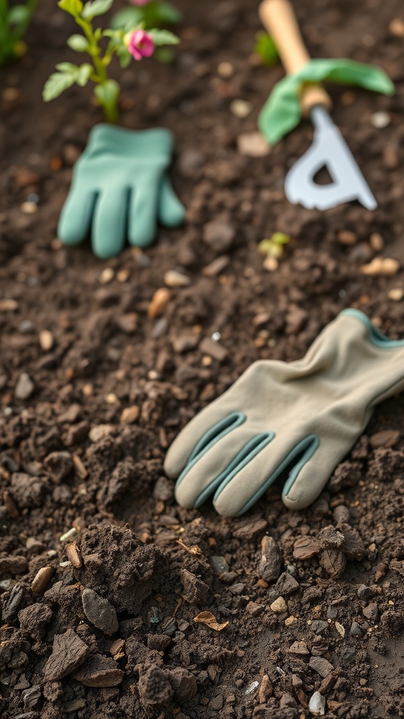 Gardening gloves and a small tool on dark soil, indicating soil preparation for a flower garden.