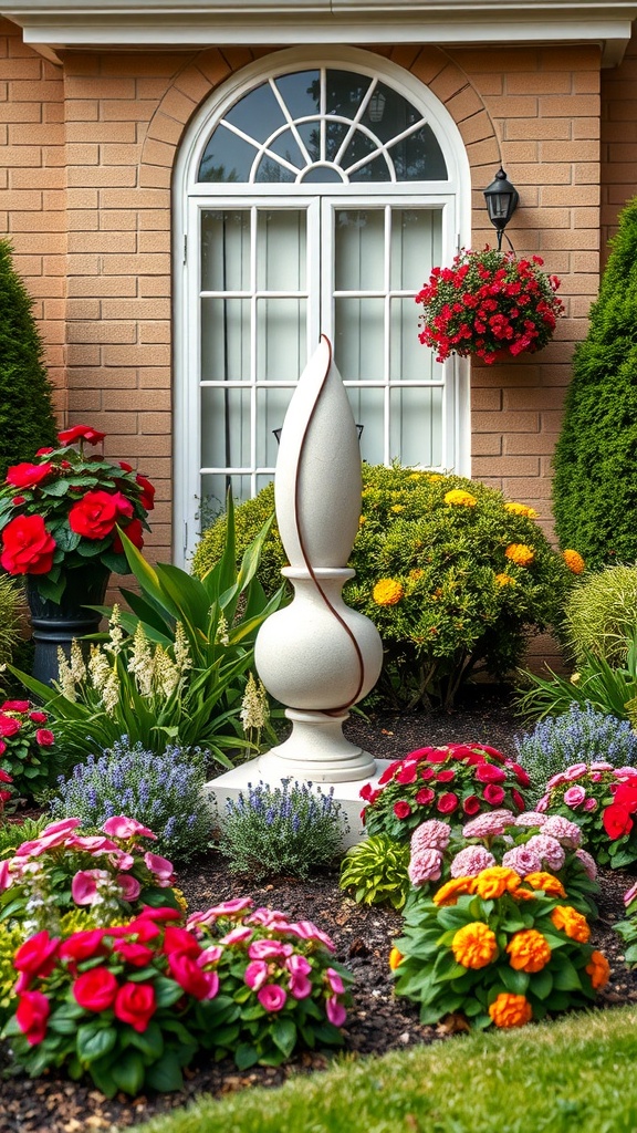 A front garden featuring a decorative sculpture surrounded by colorful flowers.