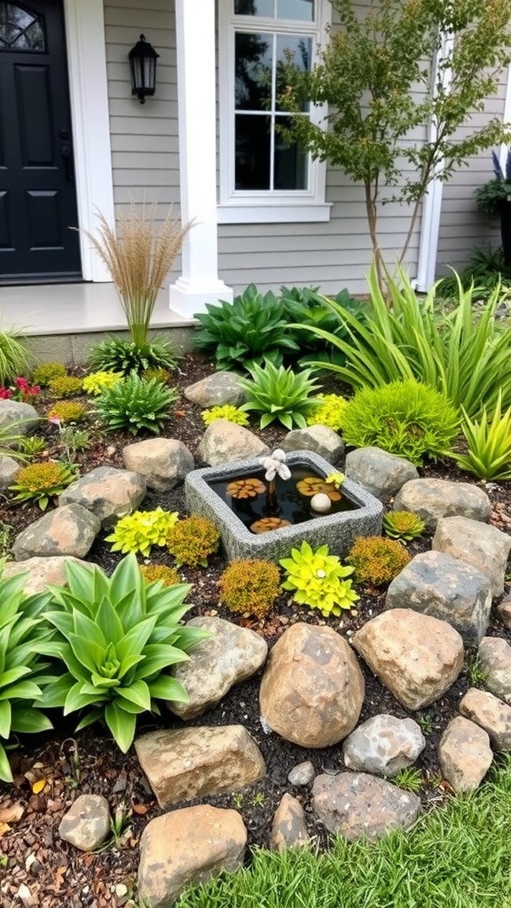 A front garden featuring a small water fountain surrounded by various green plants and stones.