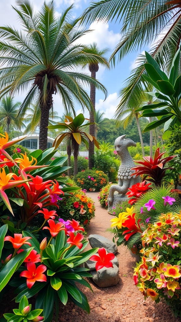 A vibrant tropical garden with palm trees, colorful flowers, and a stone statue.