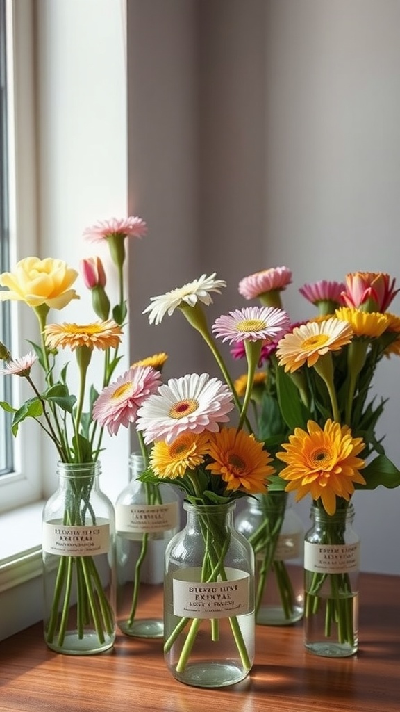 A collection of colorful flowers in glass bottles, arranged on a wooden table by a window.