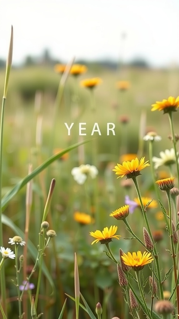 A colorful wildflower garden with yellow blooms and green grass.