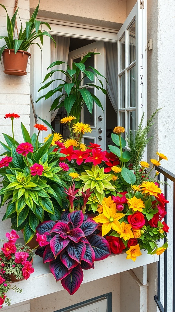 A vibrant balcony garden filled with colorful flowers and plants, showcasing a mix of yellow, red, and green.
