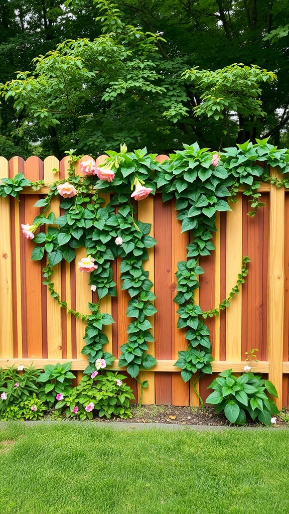 Wooden fence with climbing plants and flowers in a side yard