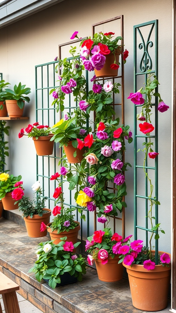A colorful vertical flower garden with pots and trellises showcasing blooming flowers.