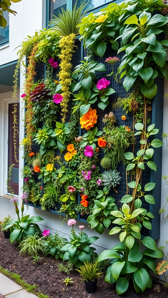 A vibrant vertical garden wall featuring various colorful flowers and green plants.