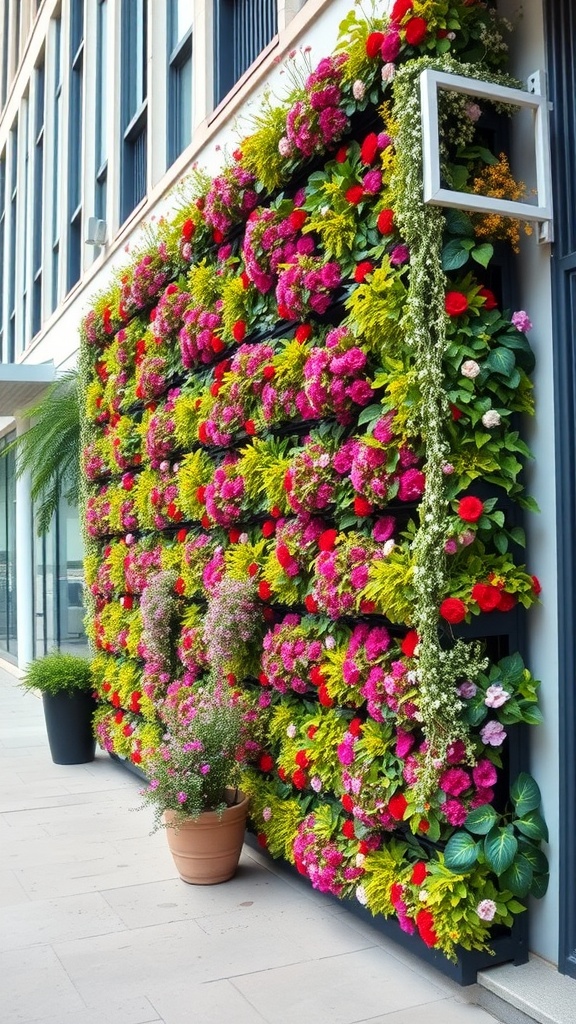 A vibrant vertical garden filled with colorful flowers on a wall