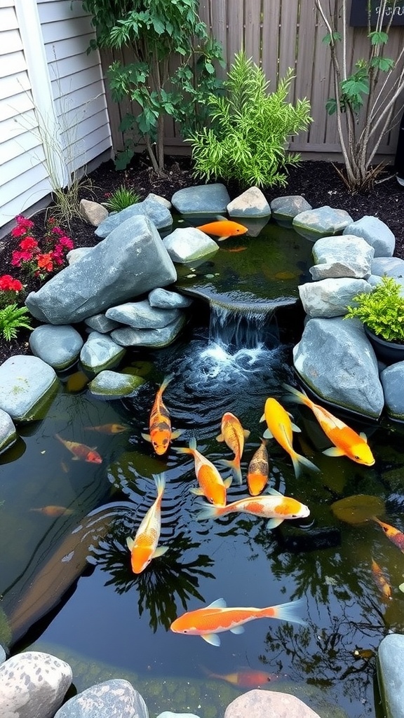 A serene pond featuring koi fish surrounded by rocks and greenery.