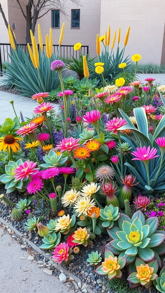 A vibrant xeriscape garden featuring a variety of colorful flowers and succulents.