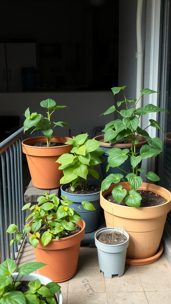 A small balcony garden with various potted plants on a railing.
