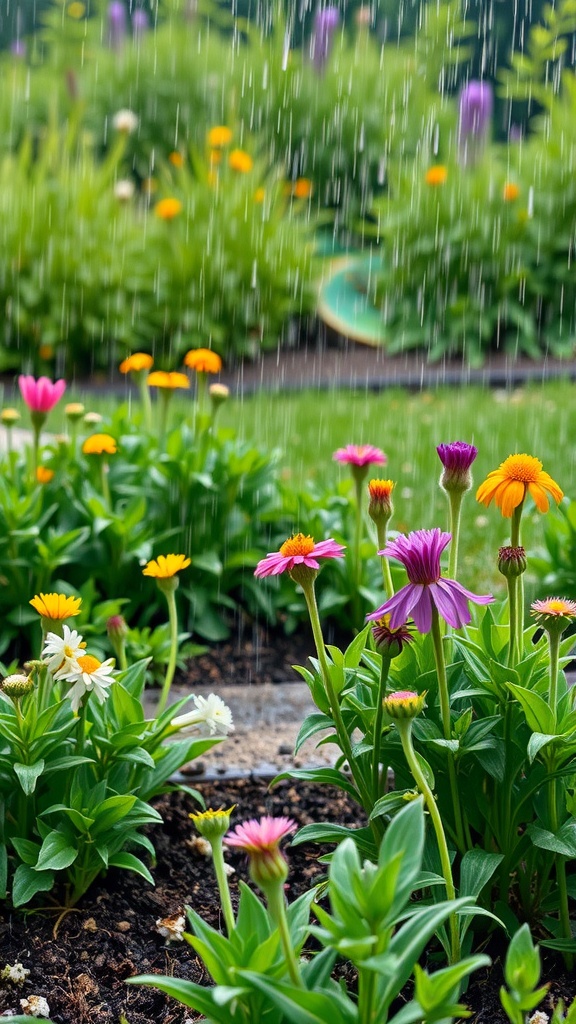A wildflower garden being watered with gentle rain, showcasing colorful blooms in a lush setting.