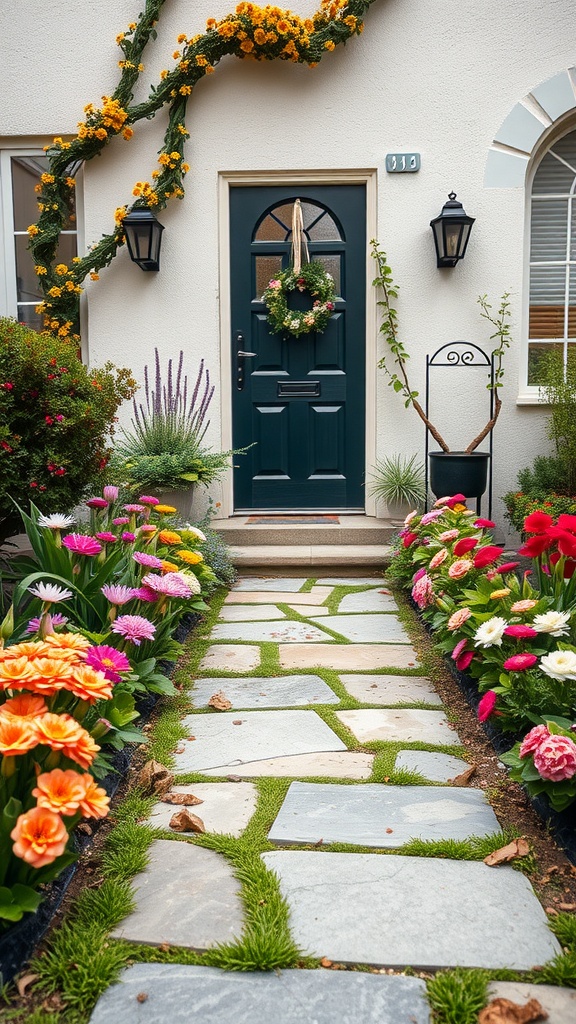 A front garden with a stone pathway bordered by colorful flowers and green grass.