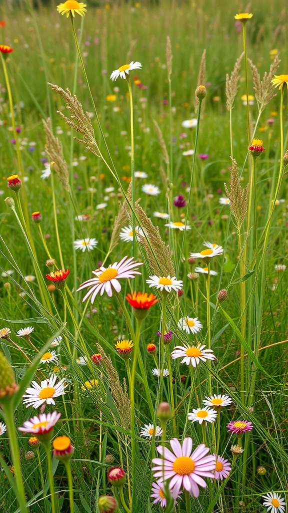 A colorful wildflower meadow filled with various flowers including daisies.