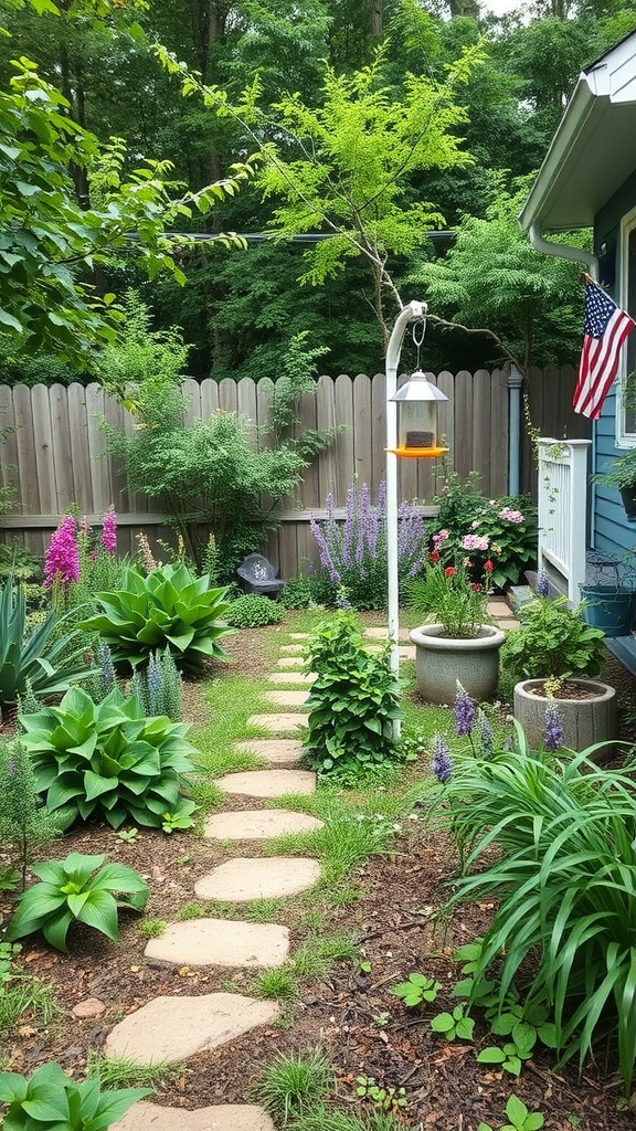 A side yard garden with a stone path, lush green plants, colorful flowers, and a bird feeder