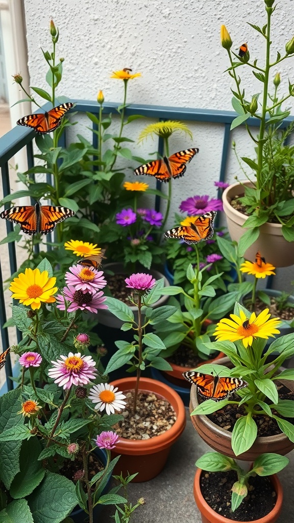 A vibrant small balcony garden with various flowers and butterflies fluttering around