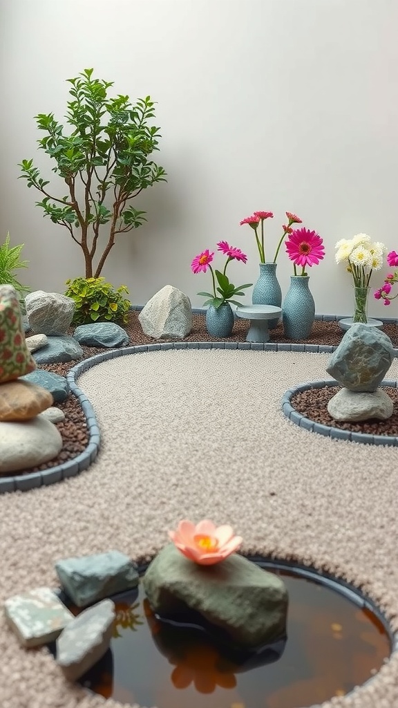 A tranquil Zen garden with a winding path, decorative stones, and colorful flowers in vases.