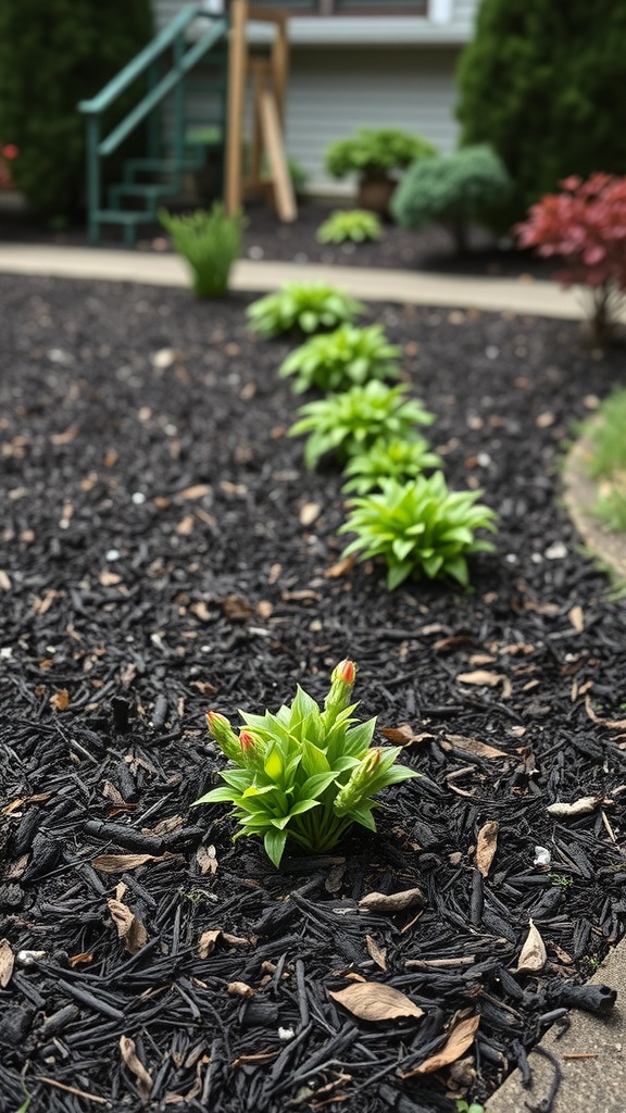 A front yard featuring decorative black mulch with green plants growing in a row.