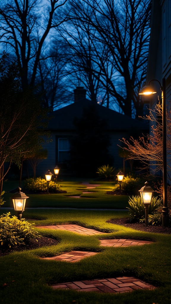 A beautifully lit garden path with lanterns illuminating the way through lush greenery at night.