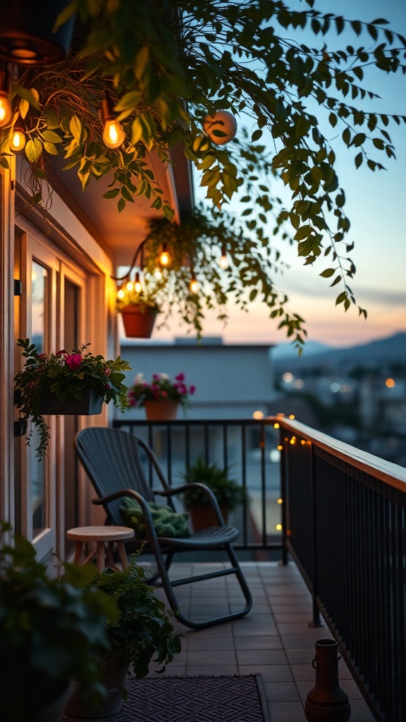 A cozy balcony garden with string lights and hanging plants, creating a warm evening atmosphere.