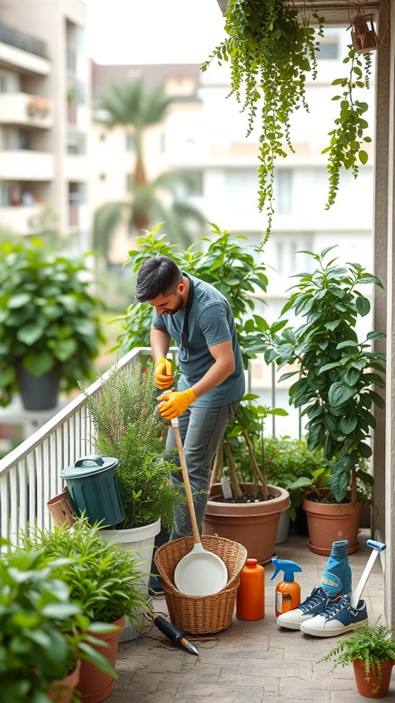 A person gardening on a balcony, surrounded by various plants and gardening tools.