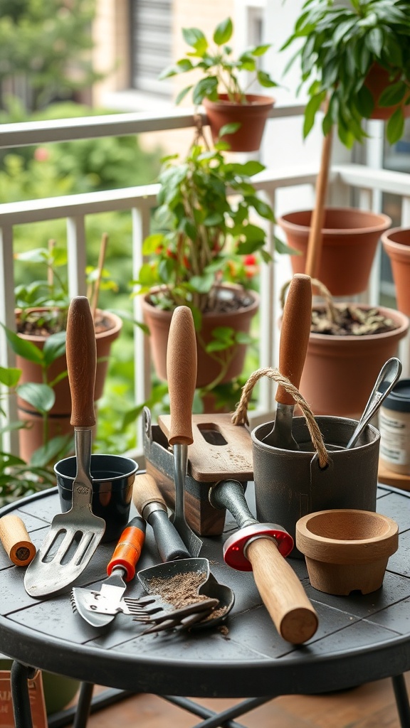 A collection of gardening tools on a balcony table surrounded by potted plants.