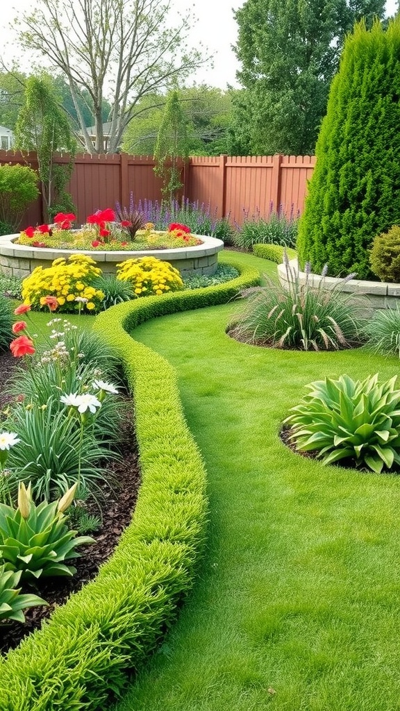 A well-manicured garden with neat lawn edging, featuring colorful flowers and lush greenery.