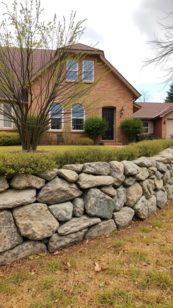 A rustic stone wall in a front yard, showcasing natural stones and greenery.