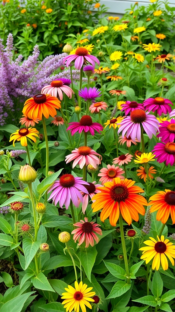 A colorful flower bed featuring Echinacea and Rudbeckia, attracting butterflies.