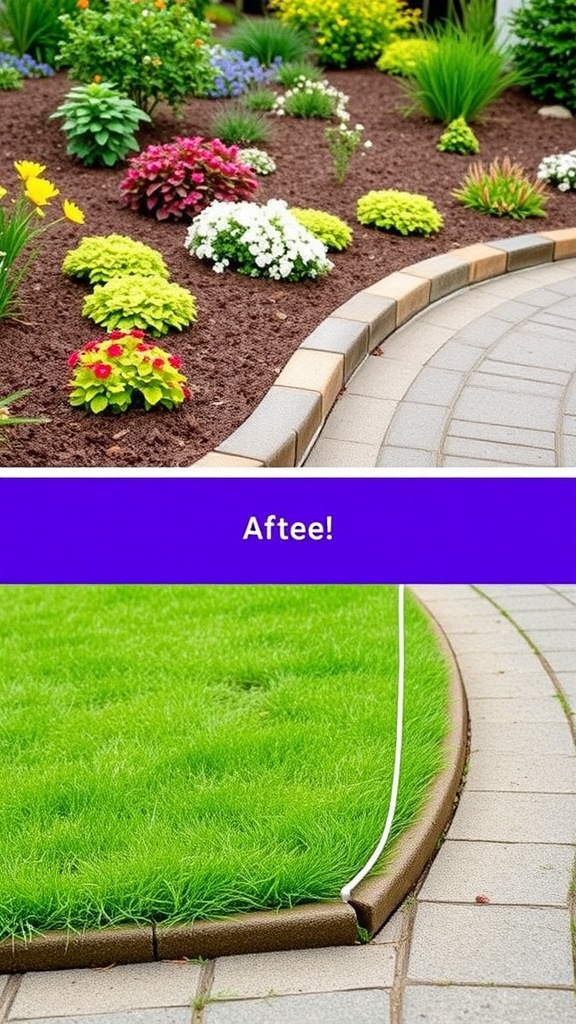 A well-maintained lawn with edging separating grass from flower beds.