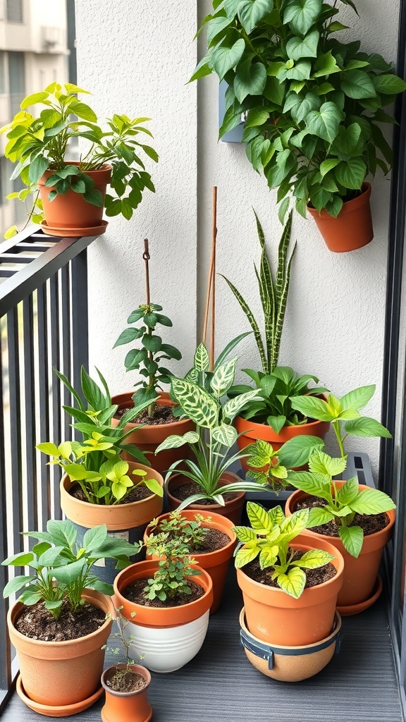 A balcony garden with various potted plants arranged neatly, showcasing greenery in a limited space.
