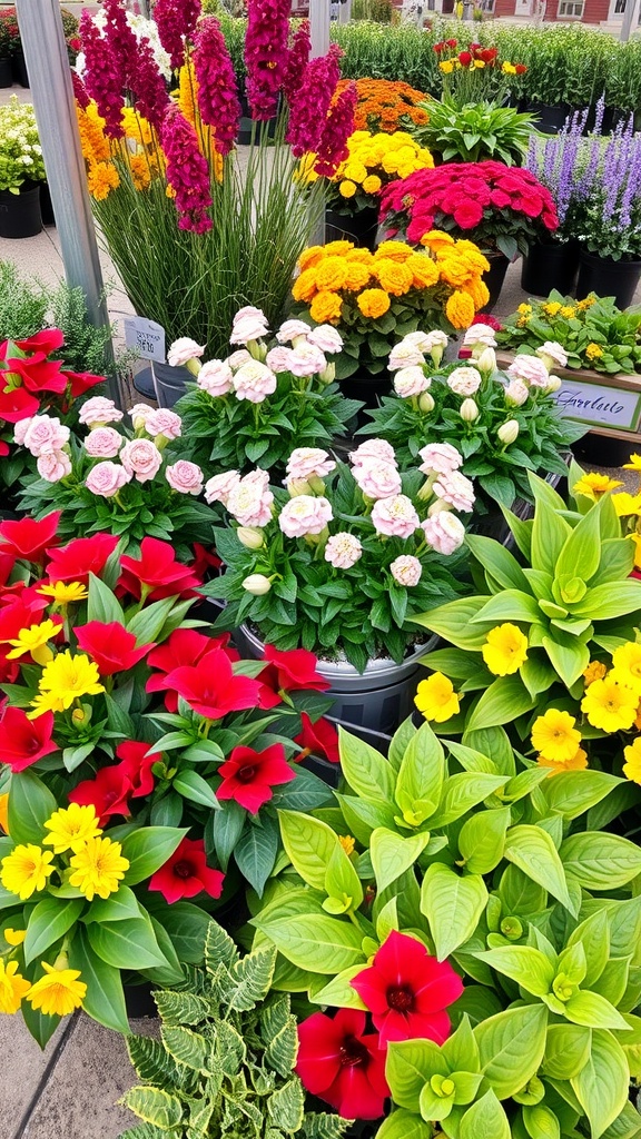 A colorful display of various flowers including red hibiscus, yellow marigolds, and pink roses in pots.