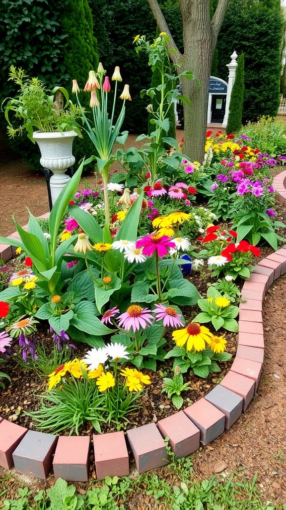 A vibrant classic curved flower bed filled with various colorful flowers and bordered by bricks.