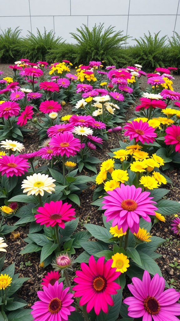 A vibrant flower bed featuring pink, yellow, and white flowers arranged in a color-blocked style.