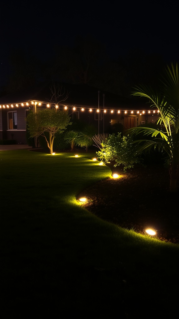 A well-lit lawn with landscape lighting outlining garden edges at night.