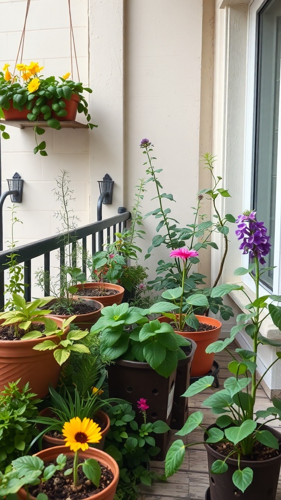 A balcony garden with various potted plants including flowers and herbs.