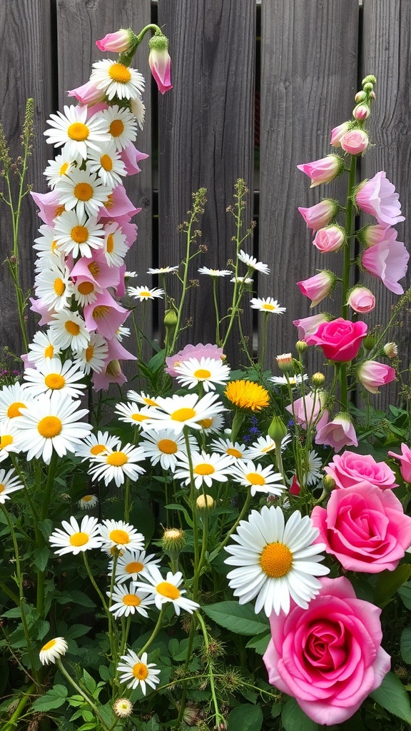 A vibrant cottage garden flower bed featuring daisies, pink roses, and foxgloves against a wooden fence.