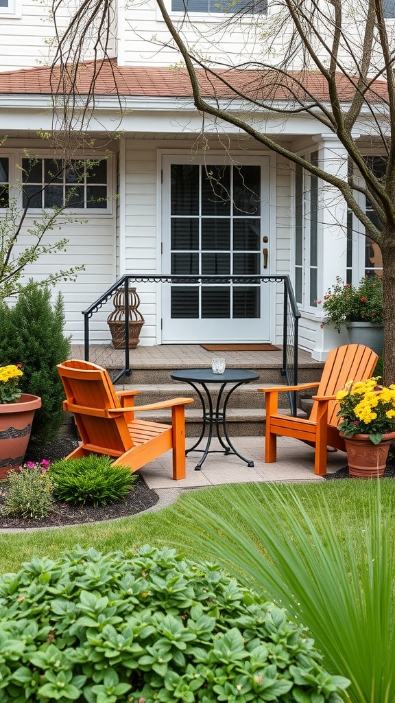 Cozy seating area with orange chairs and a small table in a front yard