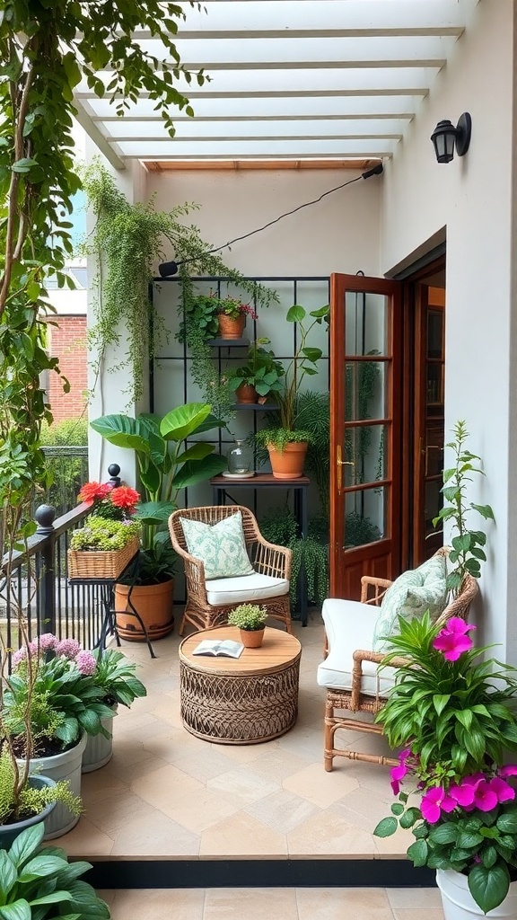 Cozy balcony garden with seating area surrounded by plants