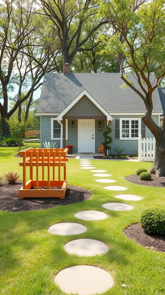 A kid-friendly front yard with a stone path, green lawn, and a bright orange play structure.