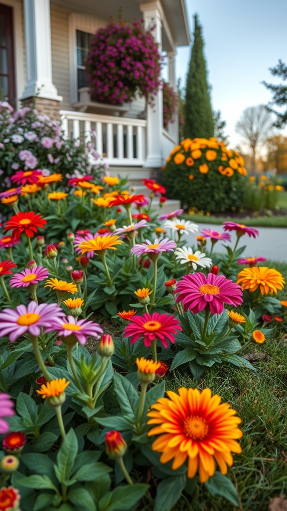 Colorful front yard with blooming flowers including daisies and zinnias, along with hanging baskets of petunias.