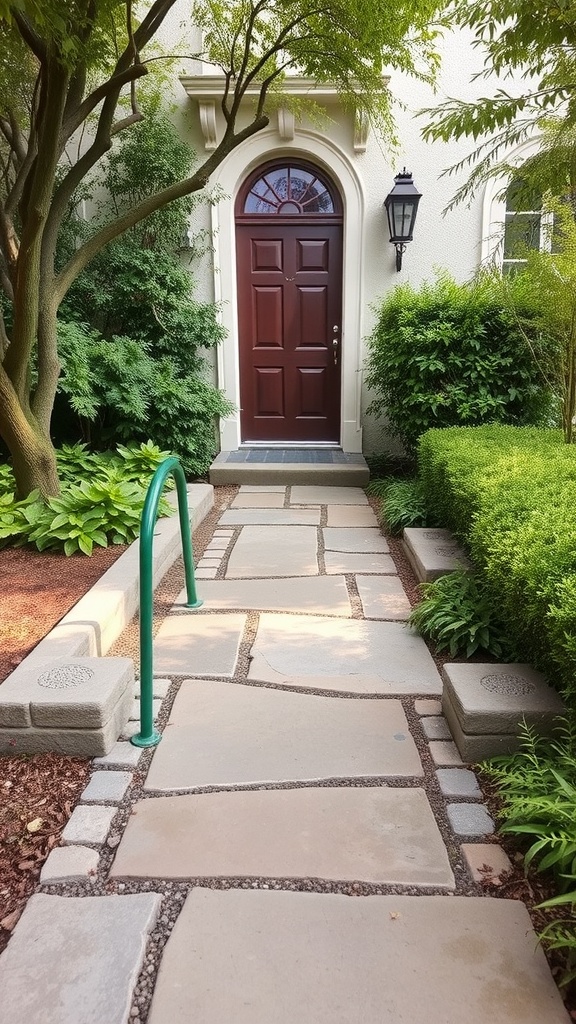 A stone pathway leading to a front door, surrounded by lush greenery and a lantern.