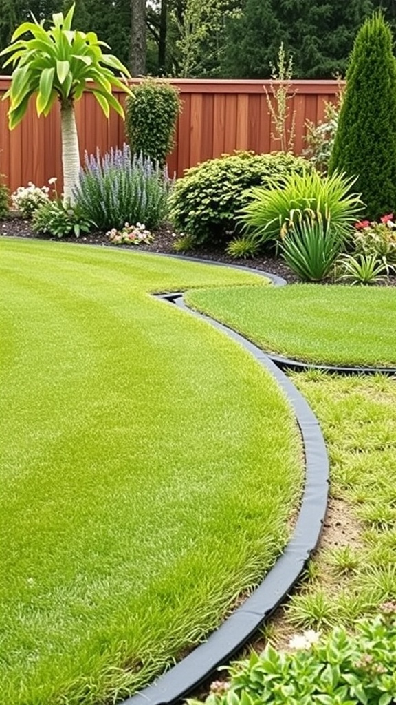 A lawn with curved edging, featuring vibrant plants and flowers.