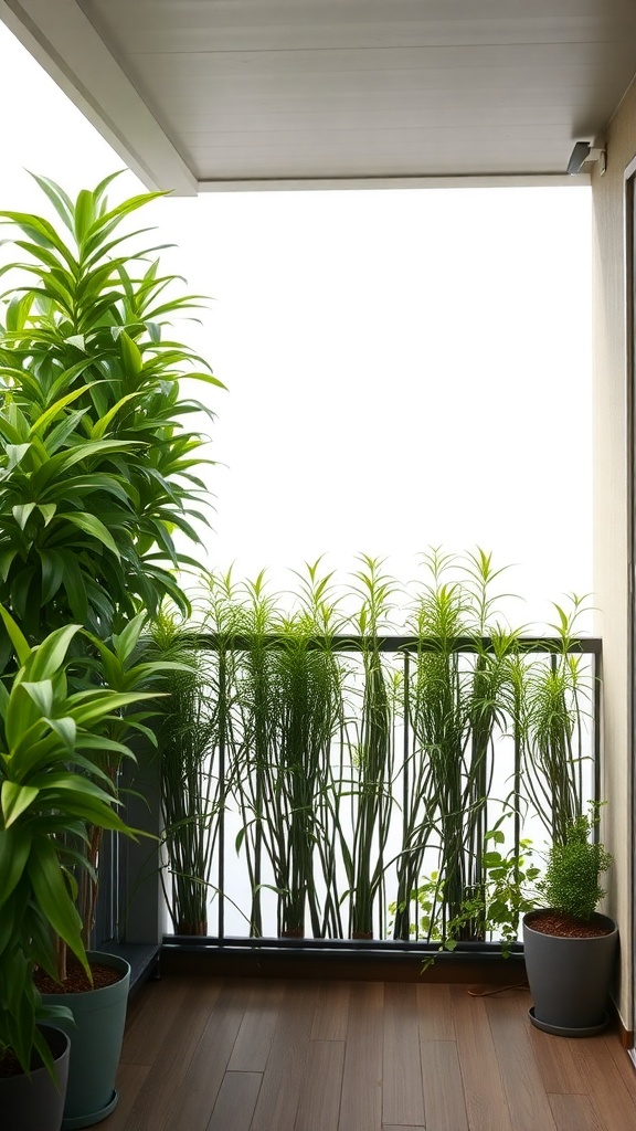 A balcony garden with tall green plants providing privacy