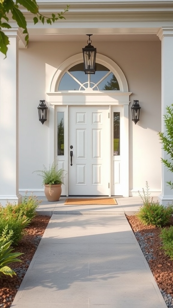 A welcoming front entryway with a white door, lanterns, and greenery.