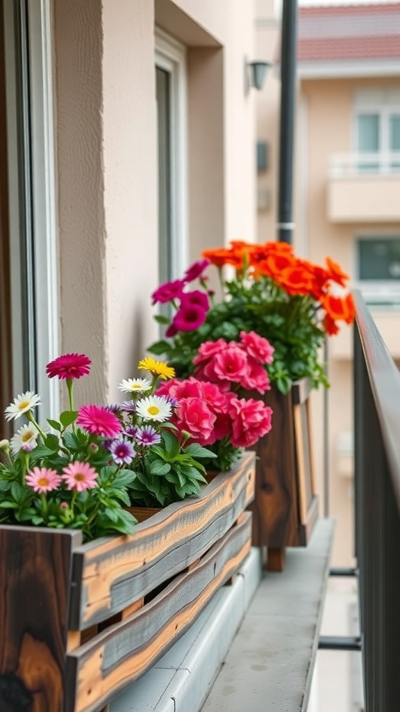 Colorful flowers in wooden planters on a balcony
